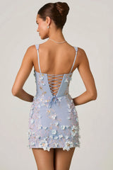 Embellished Appliqué Corset Mini Dress in Sky Blue