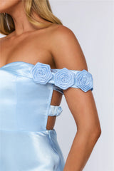 Falling Soft Satin Off Shoulder Maxi Dress Blue
