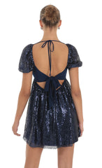 Sequin Puff Sleeve Baby Doll Dress in Navy