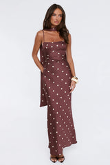 Bloom Star Polka Dot Satin Strapless Maxi Dress Brown