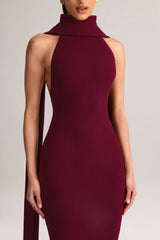 Rib-Knit Scarf-Detail Halterneck Maxi Dress in Wine