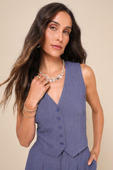 Suits You Perfectly Dark Blue Linen Vest