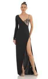 Asymmetrical Crepe Maxi Dress in Black