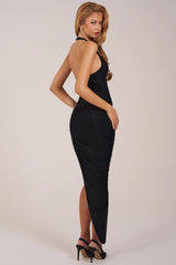 Halterneck Split Hem Midaxi Dress in Black