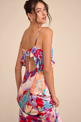Augustina Red Multi Floral Satin Ruffled Midi Dress