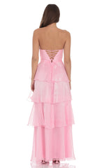 Corset Ruffle Strapless Maxi Dress in Pink