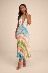 Rhoda Blush Multi Tie-Dye Satin Halter Midi Dress