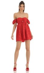 Jacquard Puff Sleeve Baby Doll Dress in Red