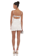 Satin Ruched Ruffle Dress in White