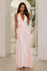 Soft Petal Muse Halter Maxi Dress Pink