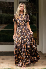 Agnes Satin Maxi Dress | Brown Floral