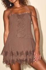 Sahima Brown Lace Tiered Mini Dress