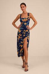 Lesina Navy Blue Floral Sleeveless Midi Dress