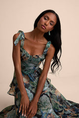 Playfully Posh Black Floral Organza Tie-Strap Tiered Midi Dress