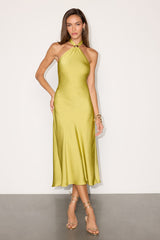 Lorissa Chartreuse Satin Halter Midi Dress