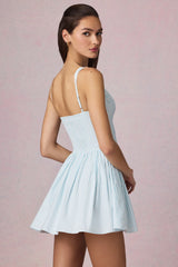 Bow-Detail A-Line Mini Dress in Powder Blue Stripe