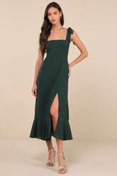 Summer Invite Emerald Green Tie-Strap Tiered Midi Dress