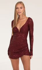 Mesh Sequin Long Sleeve Dress in Red