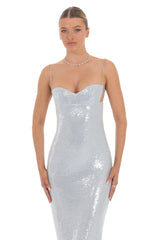 Sequin Open Back Maxi Dress in Icy Blue