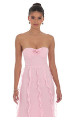 Chiffon Rosette Ruffle Maxi Dress in Pink