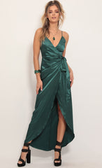 Pleated Satin Maxi Dress in Hunter Green
