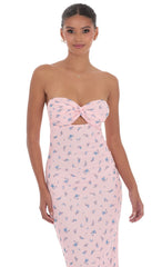 Mesh Floral Strapless Cutout Maxi Dress in Pink