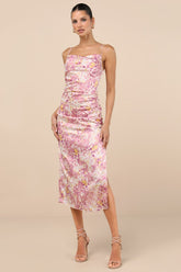 Truest Romance Pink Floral Print Sleeveless Ruched Midi Dress