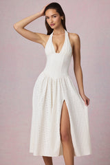 Modal Broderie Anglaise Halterneck Midaxi Dress in White
