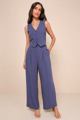 Suits You Perfectly Dark Blue Linen Vest