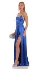 Satin Slit Maxi Dress in Blue