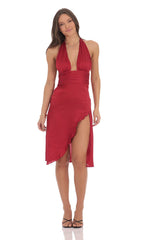 Satin Ruffle Slit Dress in Red