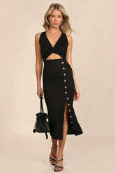 Trend Seeker Black Ribbed Twist-Front Cutout Midi Dress