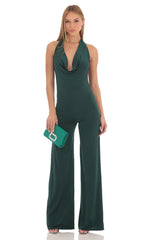 Drape Open Back Jumpsuit in Dark Green
