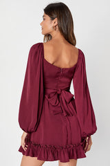 Vision of Charm Plum Purple Satin Long Sleeve Skater Mini Dress