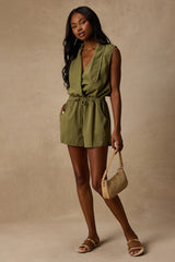 Ira Olive Green Collared Drawstring Romper