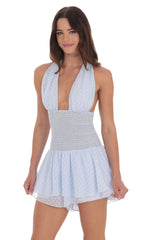 Dotted Halter Smocked Romper in Baby Blue
