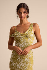 Cavani Chartreuse Floral Satin Asymmetrical Maxi Dress