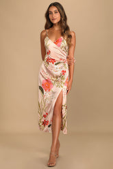 Remarkable Entrance Pink Floral Print Satin Midi Dress
