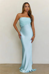 Soft Forever Mood Satin Strapless Maxi Dress Light Blue