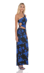 Floral One Shoulder Cutout Maxi Dress in Black and Blue