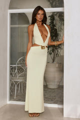 Elegant Aura Halter Maxi Dress Citrus Yellow