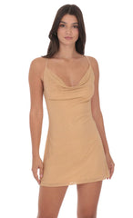 Rhinestone Cowl Neck Dress in Beige