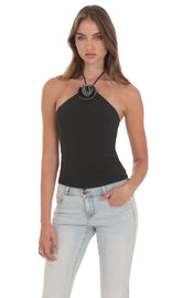 Rhinestone Rosette Top in Black