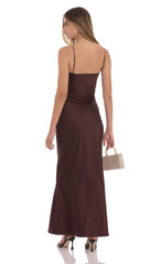 Satin Cutout Ties Maxi Dress in Brown
