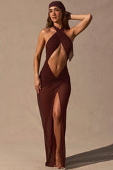 Cut-Out Halterneck Maxi Dress in Espresso Brown