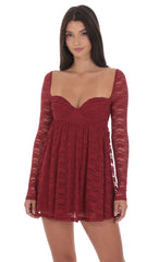 Lace Long Sleeve Babydoll Dress in Maroon