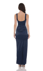 Satin Bodycon Maxi Dress in Navy