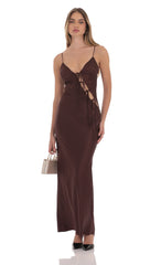 Satin Cutout Ties Maxi Dress in Brown