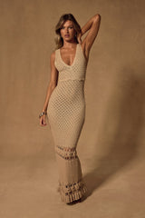 Nella Taupe Crochet V-Neck Maxi Swim Cover-Up