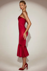 Satin Lace-Trim Bandeau Fluted Midaxi Dress in True Red